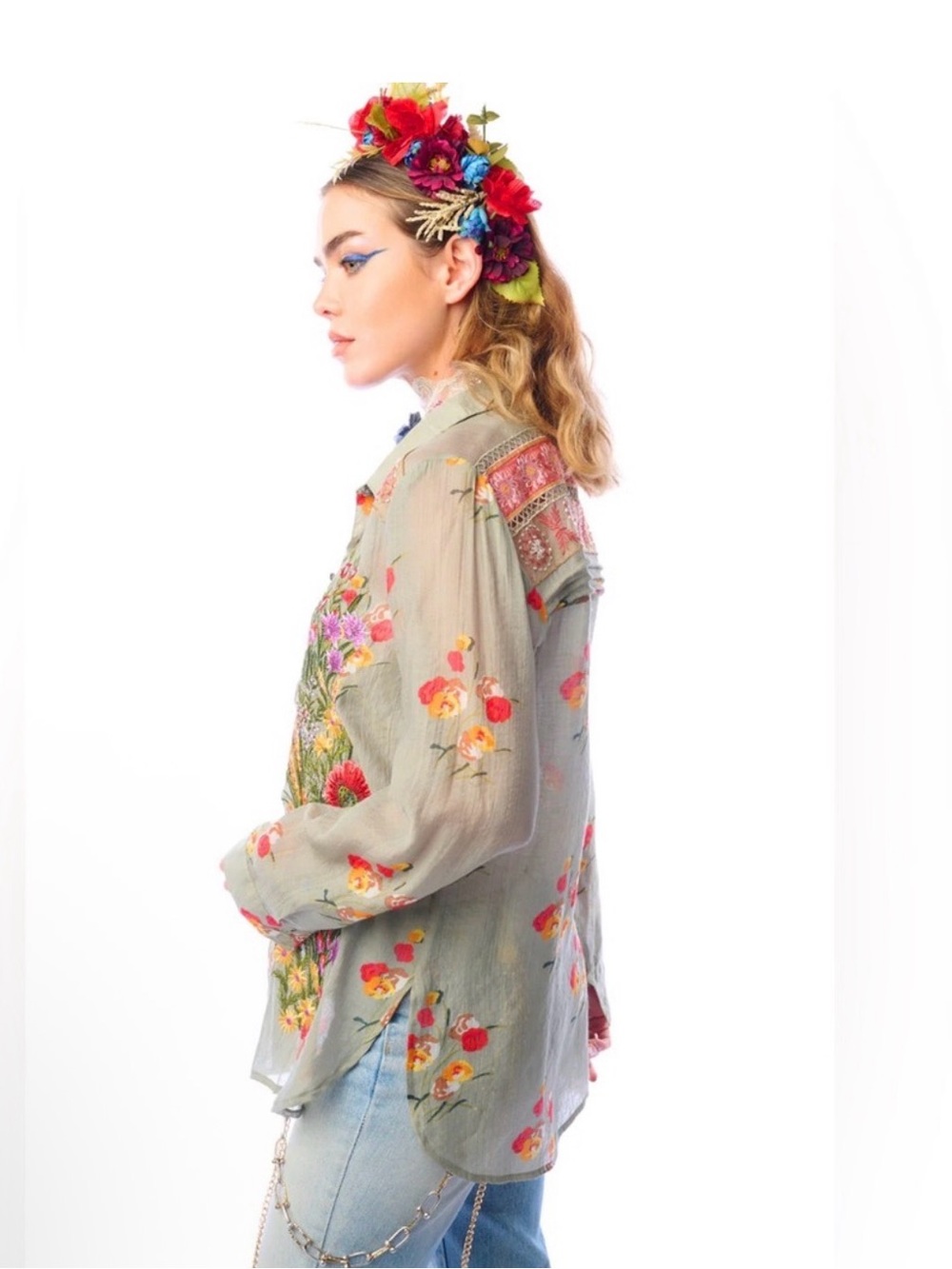 Aratta Mia Grace Floral Embroidered Olive Fall Blouse NWT #cottagecore - Picture 5 of 13